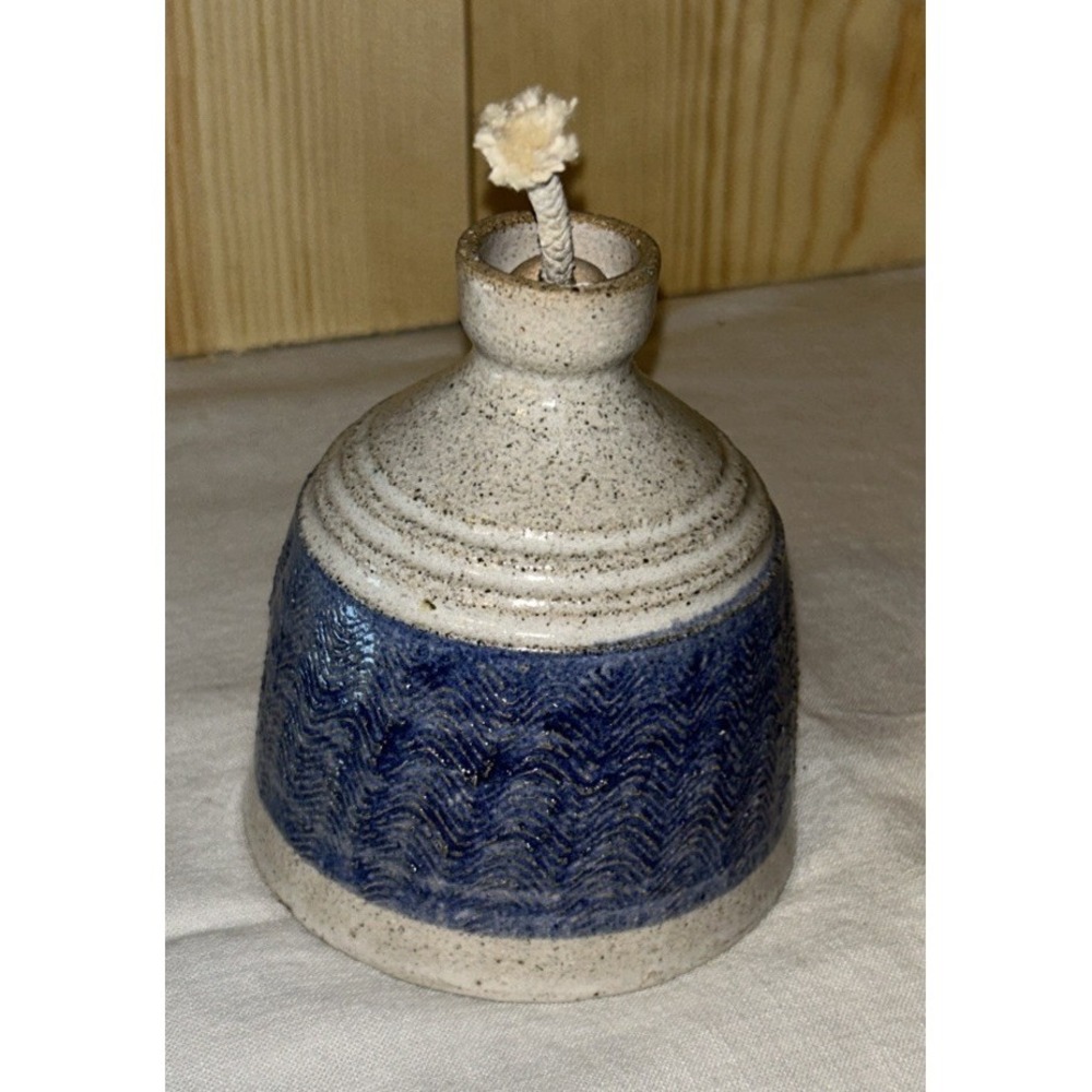 Handmade Stoneware Clay Pottery Glazed Oil Lamp 4.5 tall, Primitive Signed maker